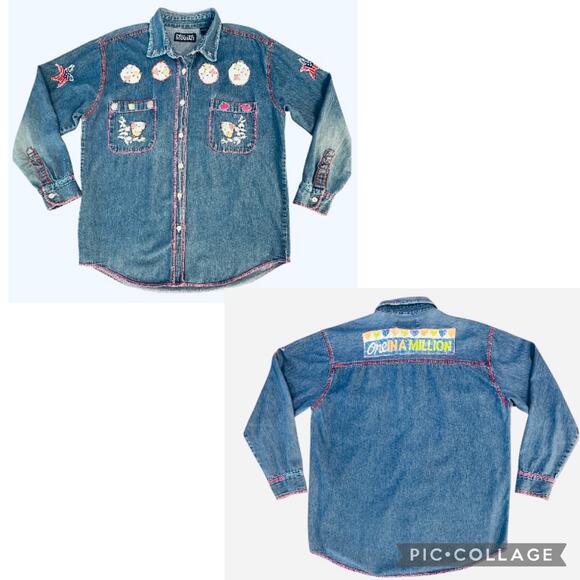 VINTAGE 90s Upcycled BOHO Embroidered Denim Button Up Jean Shirt Women SZ Large - Picture 1 of 16
